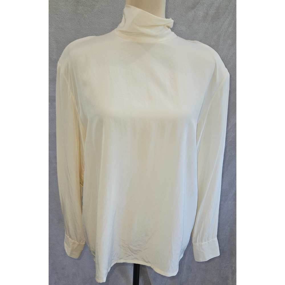 Vtg Design Assets Pure Silk Blouse 14 Cream Ivory Mock Neck Quiet Luxury 80s HK